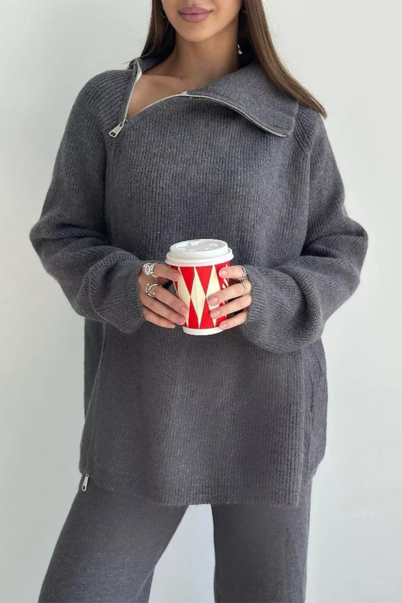 Ensemble deux pièces décontracté à manches longues avec col zippé (6 couleurs)