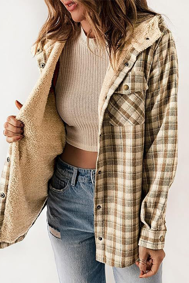 Vêtements d'extérieur à capuche, à carreaux, à poches, en polaire, contrastés (7 couleurs)