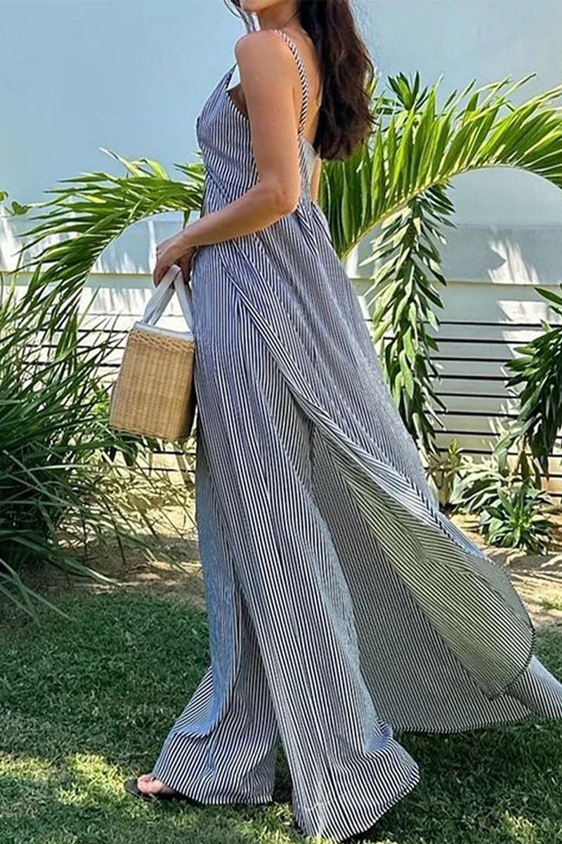 Combinaison sexy à rayures, patchwork, décolleté en V, sans manches, fendue, pour les vacances.