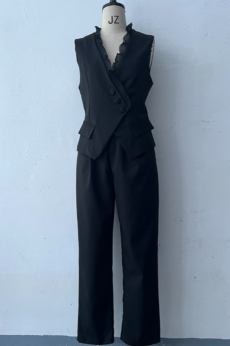 Ensemble deux pièces décontracté, col en V, sans manches, à boutons.