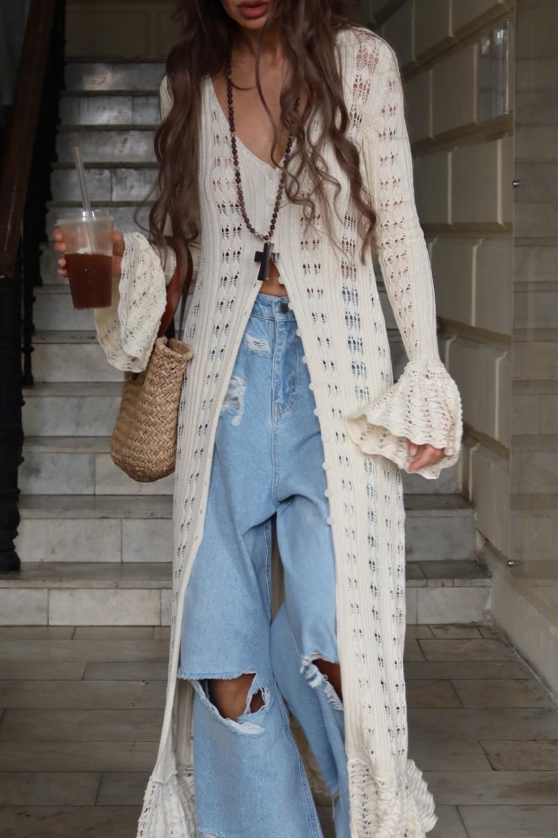 Vêtements d'extérieur sexy à col en V, avec volants et boutons découpés.