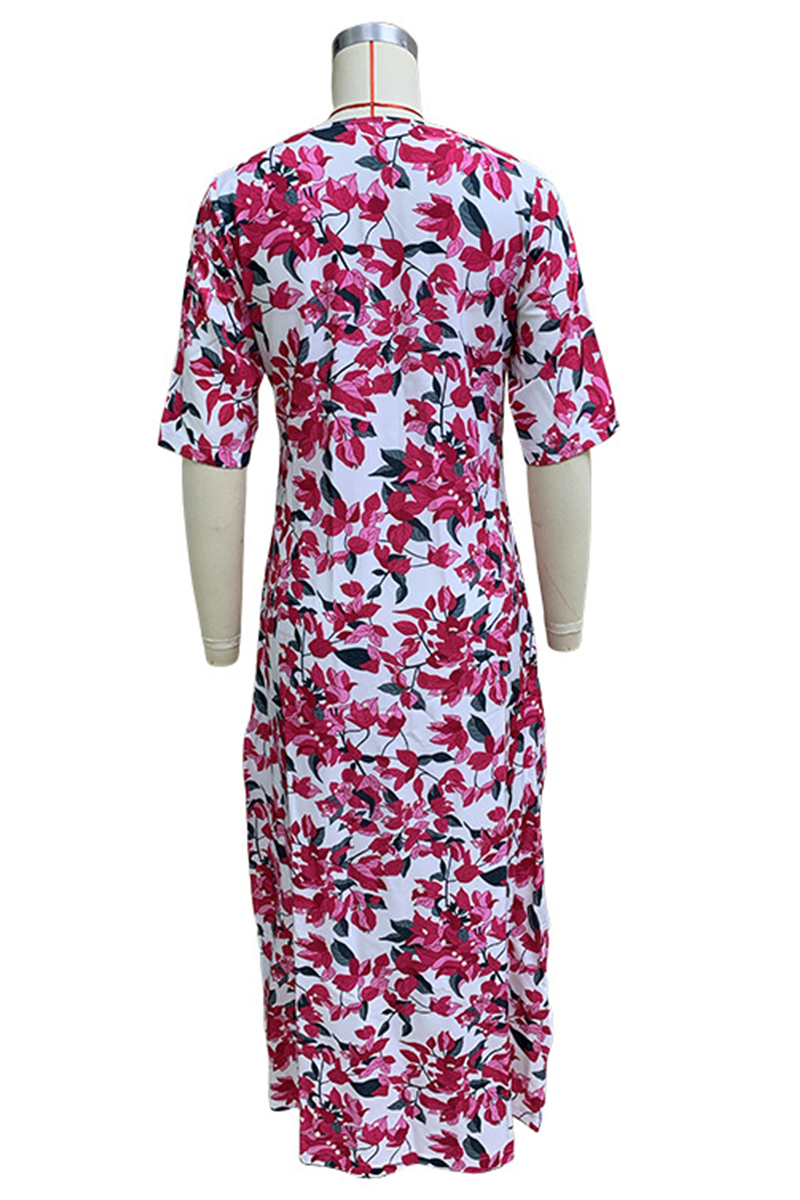 Elegant Floral Print Slit V Neck Printed Dresses
