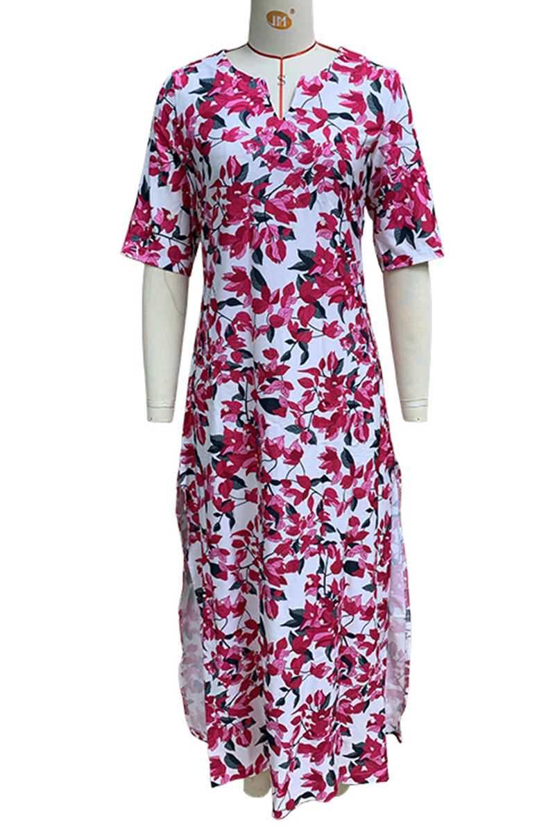 Elegant Floral Print Slit V Neck Printed Dresses