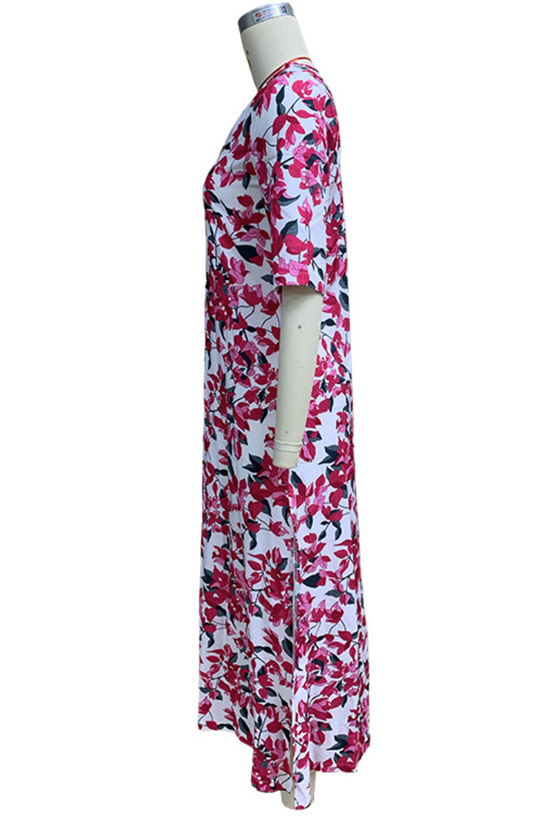 Elegant Floral Print Slit V Neck Printed Dresses