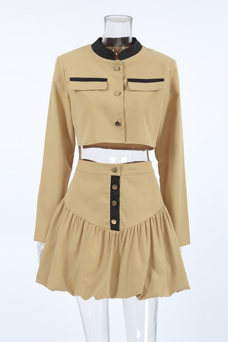 Ensemble deux pièces à manches longues, style décontracté, avec boutons et patchwork.