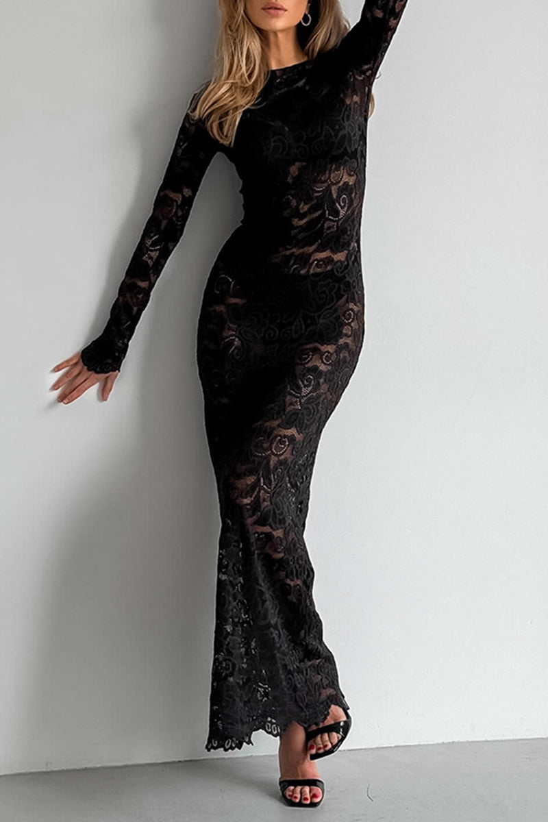 Sexy Spitzenkleid mit durchsichtigem Ausschnitt und Spitzenärmeln