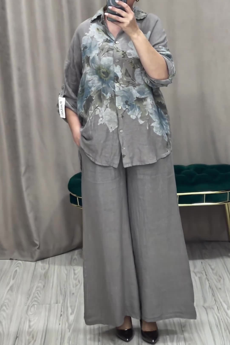 Ensemble deux pièces décontracté à manches longues, col boutonné et tourné, imprimé floral.