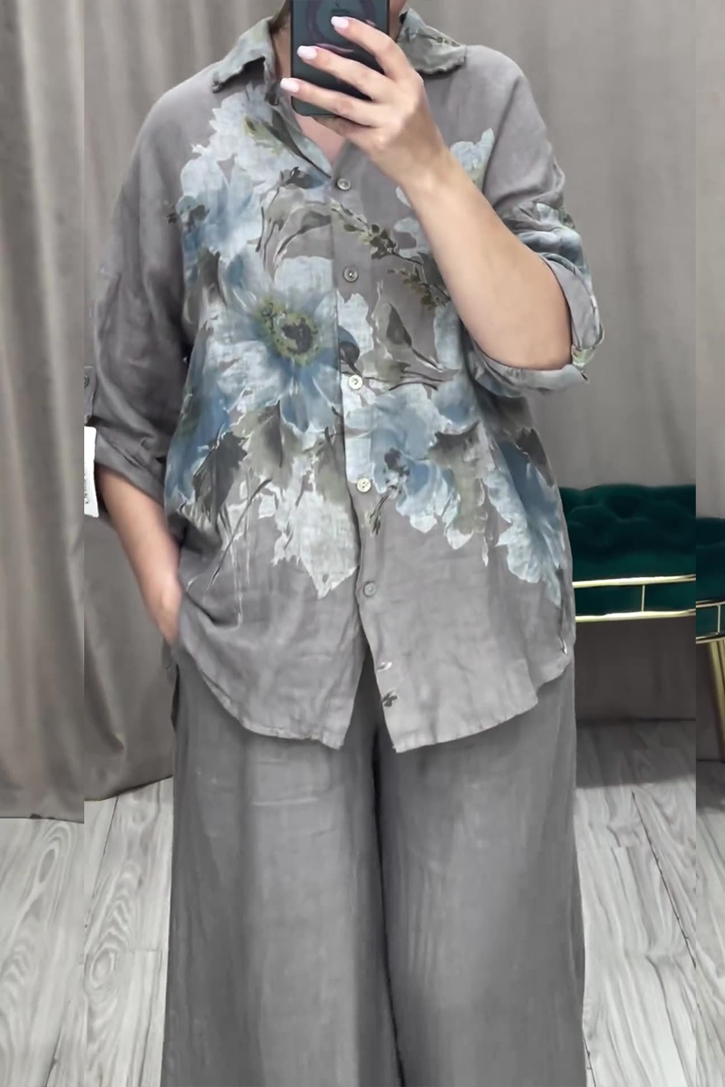 Ensemble deux pièces décontracté à manches longues, col boutonné et tourné, imprimé floral.