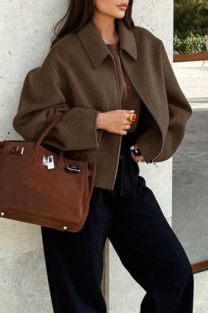 Vêtements d'extérieur décontractés, couleur unie, fermeture éclair, col montant.