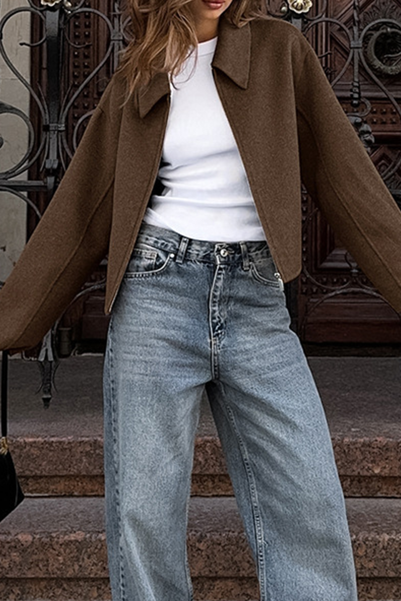 Vêtements d'extérieur décontractés, couleur unie, fermeture éclair, col montant.