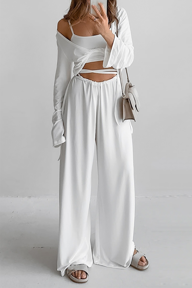 Ensemble trois pièces décontracté, sans manches, avec col en U, nœud et bretelles, couleur unie.