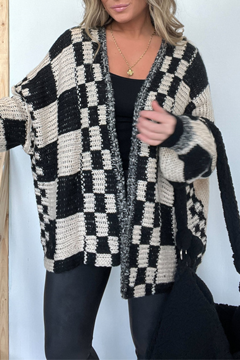 Vêtements d'extérieur décontractés en tissu à carreaux avec col en V contrastant