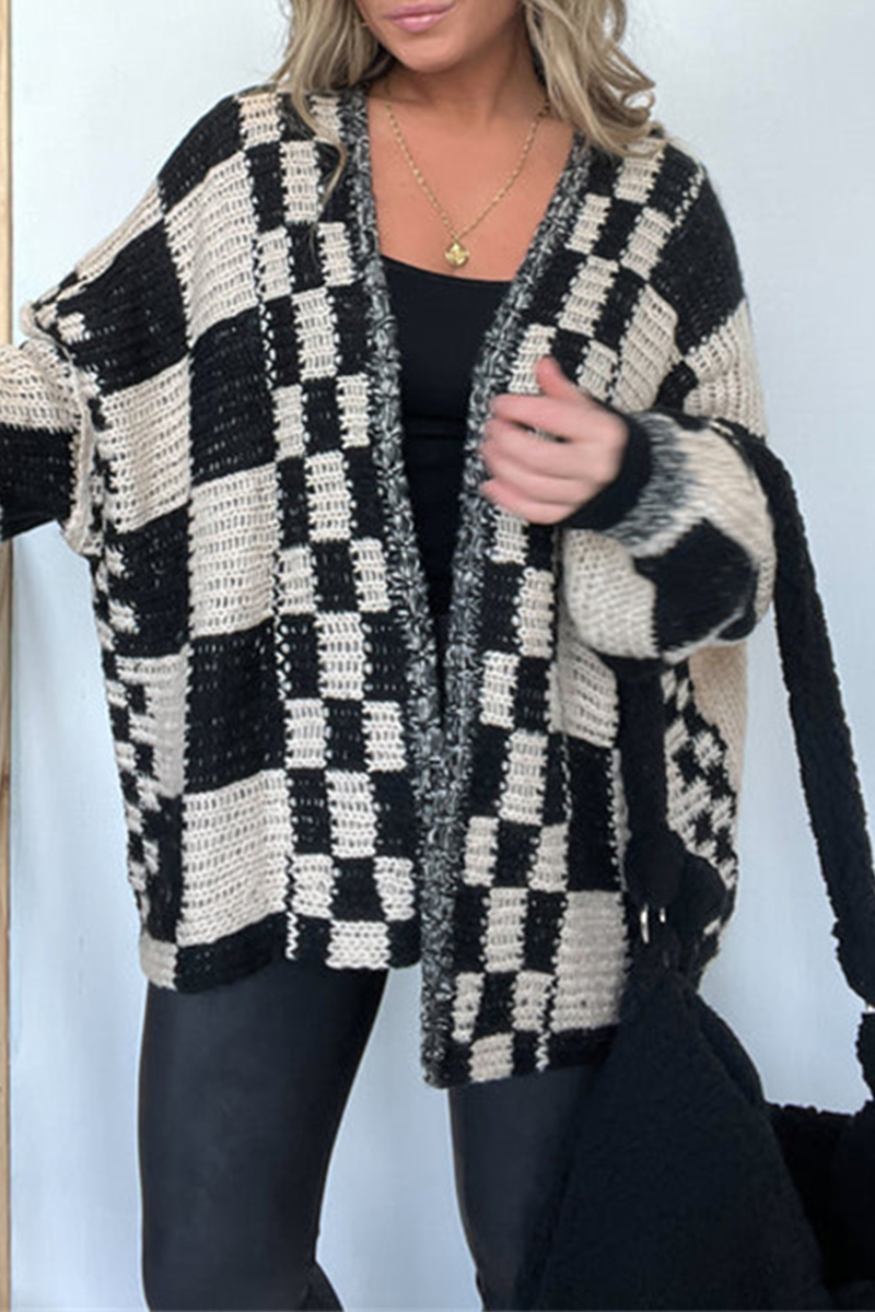 Vêtements d'extérieur décontractés en tissu à carreaux avec col en V contrastant