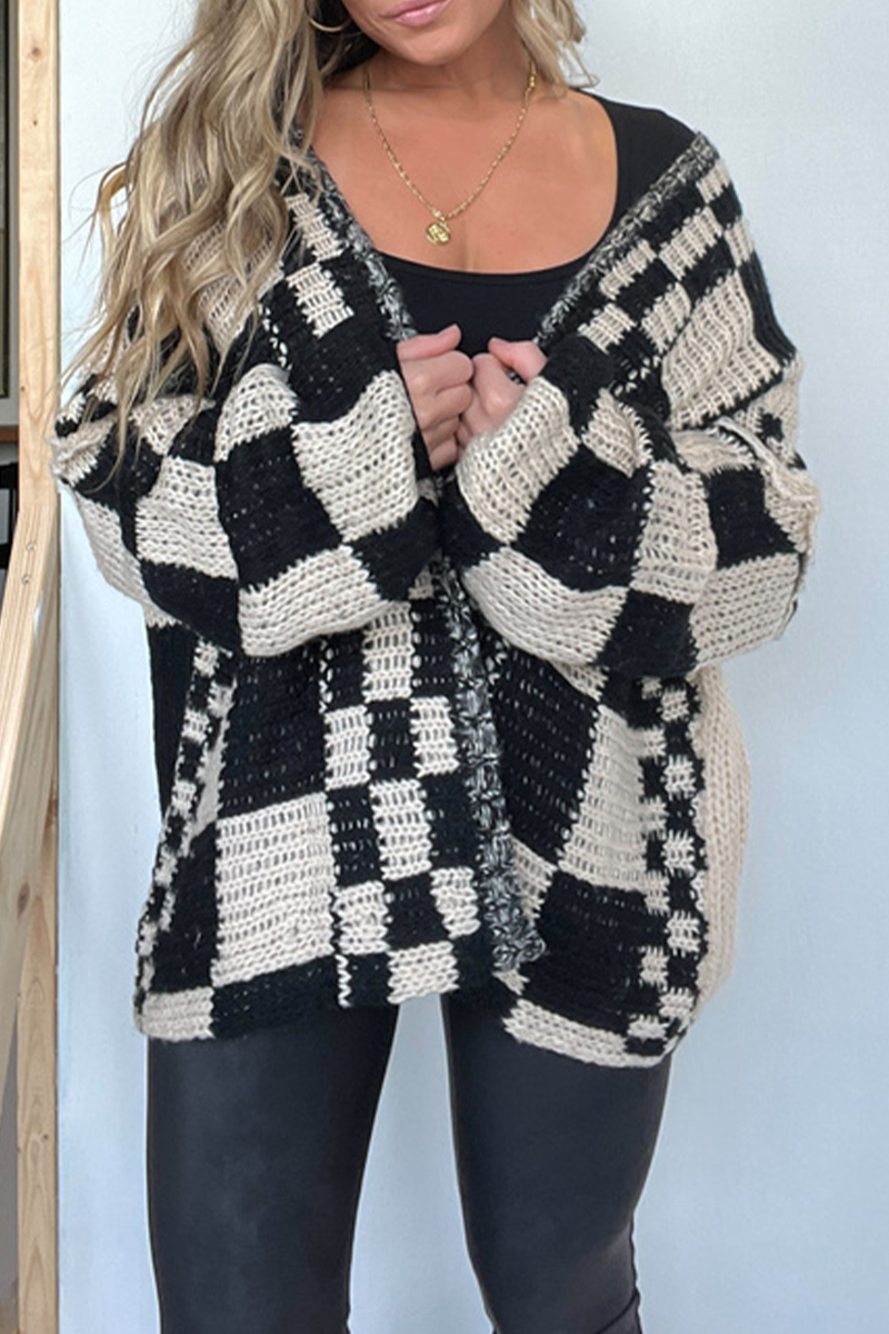 Vêtements d'extérieur décontractés en tissu à carreaux avec col en V contrastant