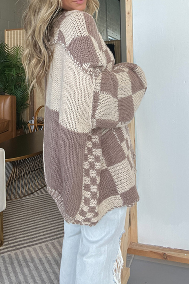 Vêtements d'extérieur décontractés en tissu à carreaux avec col en V contrastant