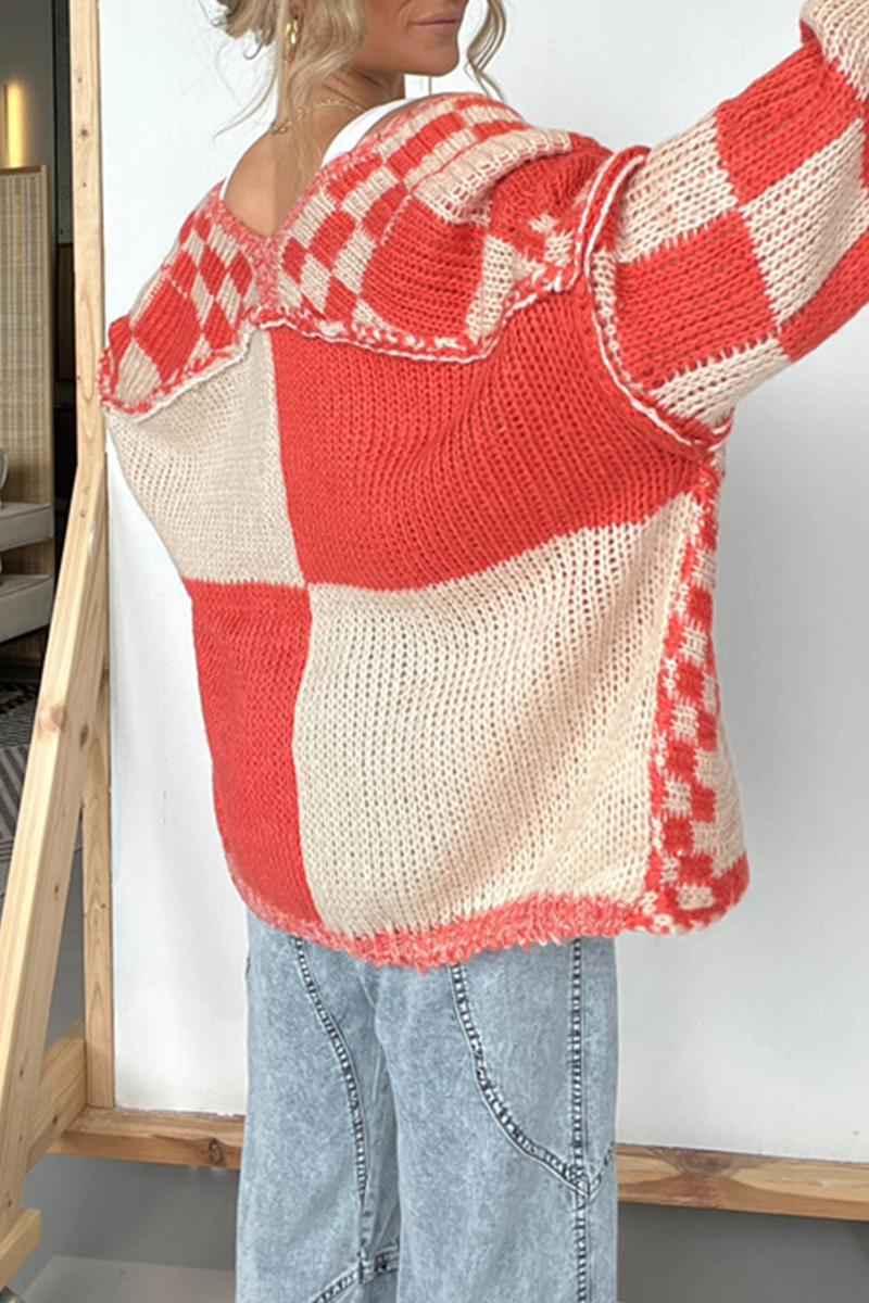 Vêtements d'extérieur décontractés en tissu à carreaux avec col en V contrastant