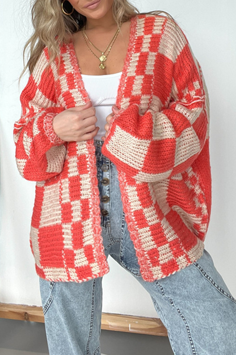 Vêtements d'extérieur décontractés en tissu à carreaux avec col en V contrastant