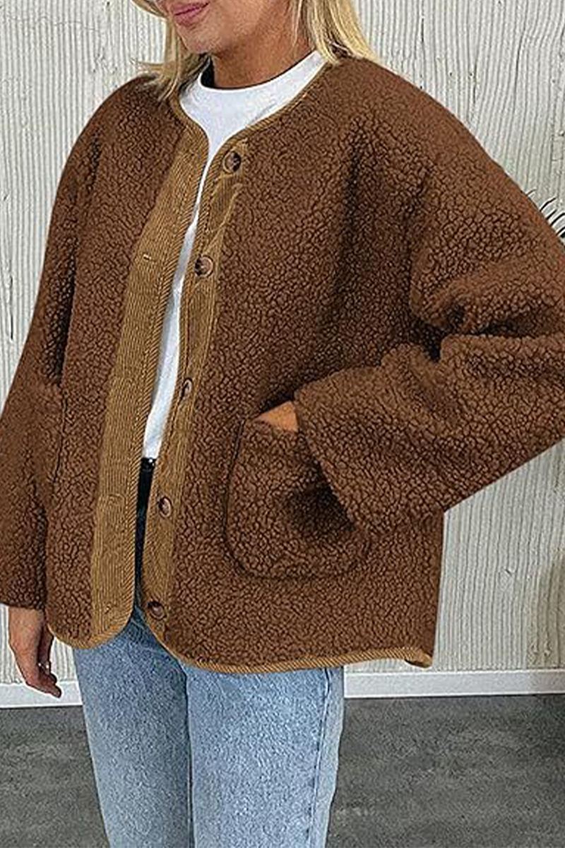 Vêtements d'extérieur décontractés à col rond avec poches contrastées (6 couleurs)