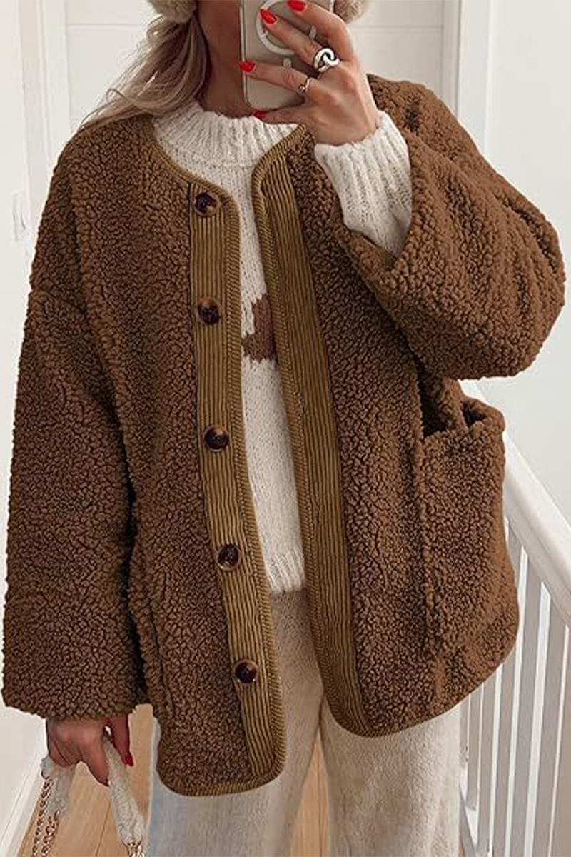 Vêtements d'extérieur décontractés à col rond avec poches contrastées (6 couleurs)