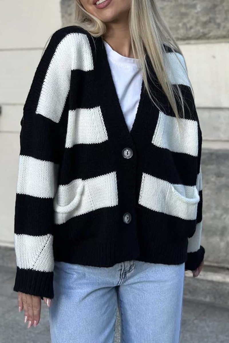 Vêtements d'extérieur décontractés à rayures, poches, patchwork et col en V contrastant (4 couleurs)