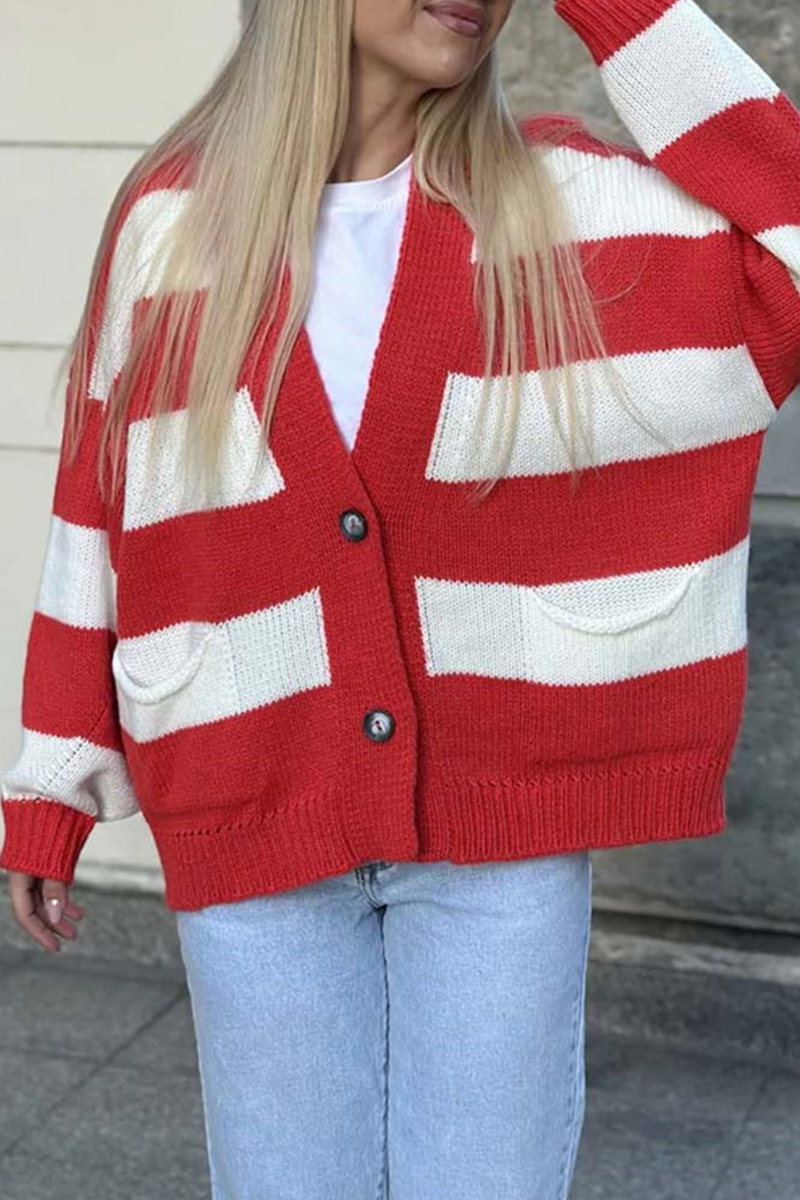 Vêtements d'extérieur décontractés à rayures, poches, patchwork et col en V contrastant (4 couleurs)