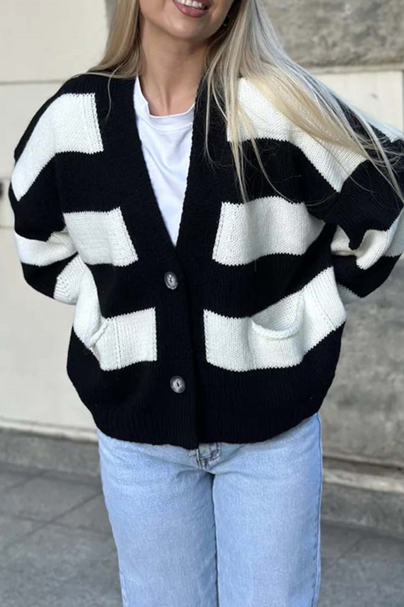 Vêtements d'extérieur décontractés à rayures, poches, patchwork et col en V contrastant (4 couleurs)