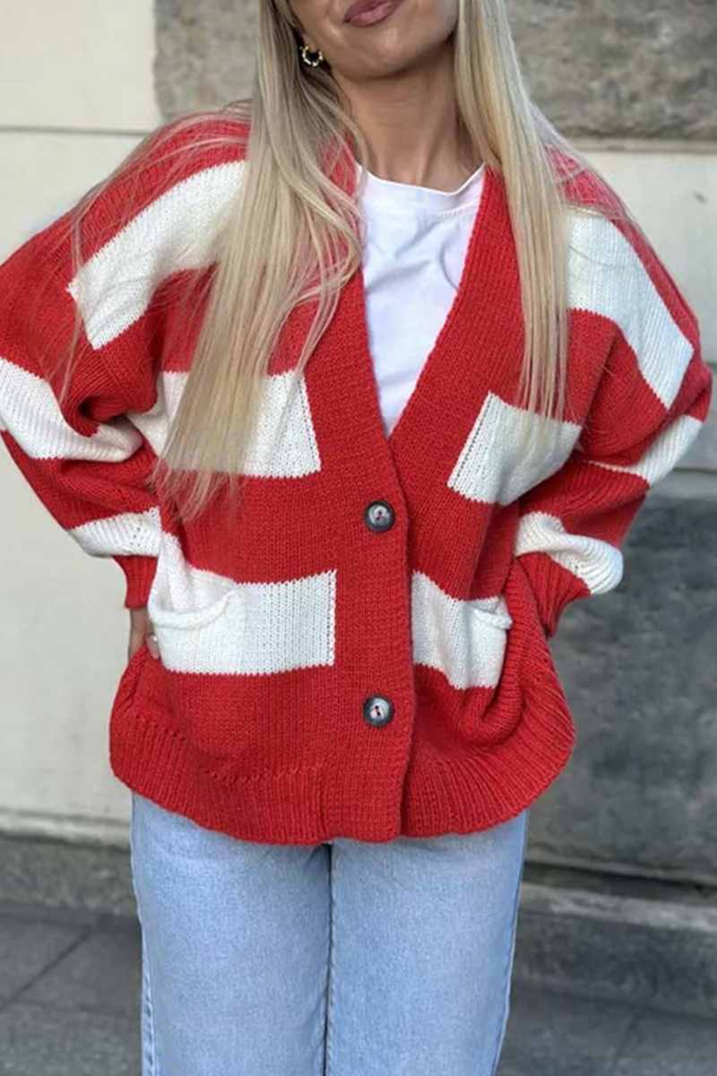 Vêtements d'extérieur décontractés à rayures, poches, patchwork et col en V contrastant (4 couleurs)