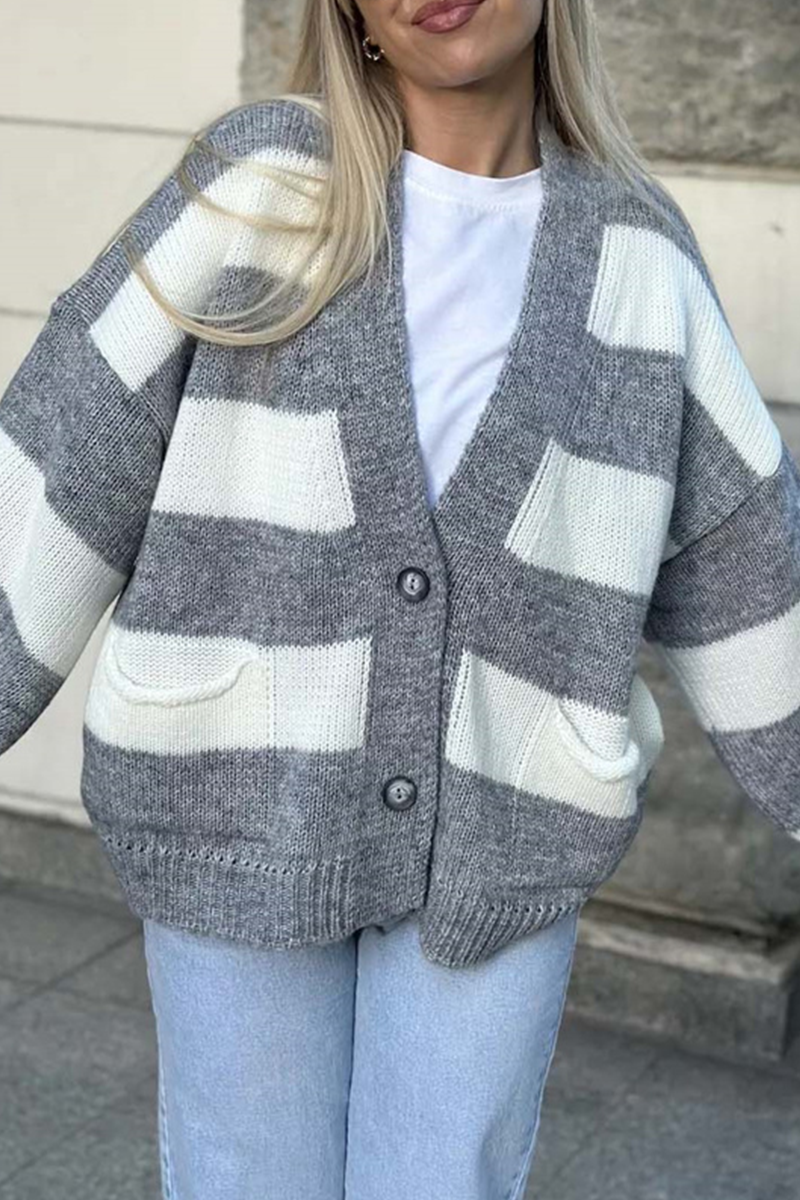 Vêtements d'extérieur décontractés à rayures, poches, patchwork et col en V contrastant (4 couleurs)