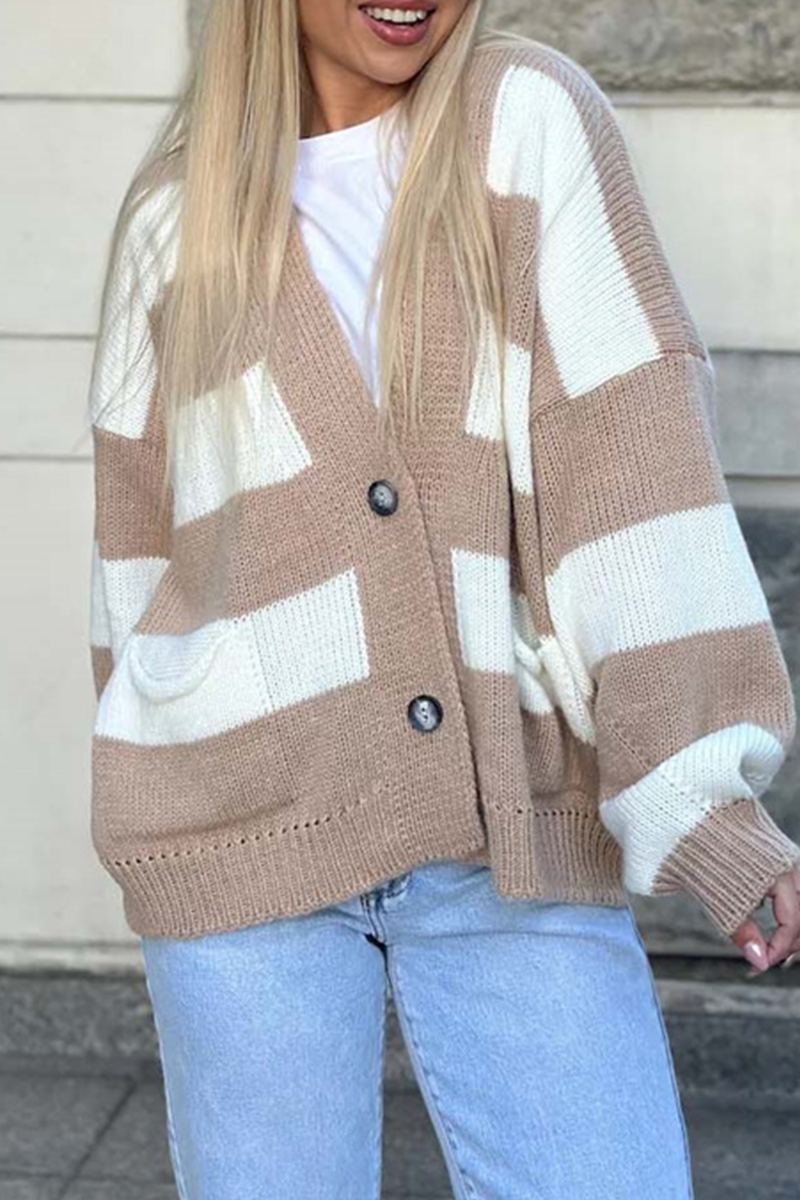 Vêtements d'extérieur décontractés à rayures, poches, patchwork et col en V contrastant (4 couleurs)