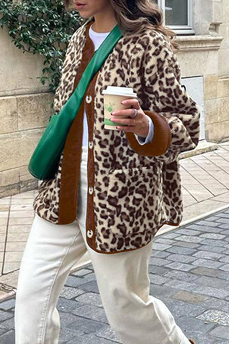 Vêtements d'extérieur décontractés à motif léopard, avec poches, boutons et empiècements, col rond.