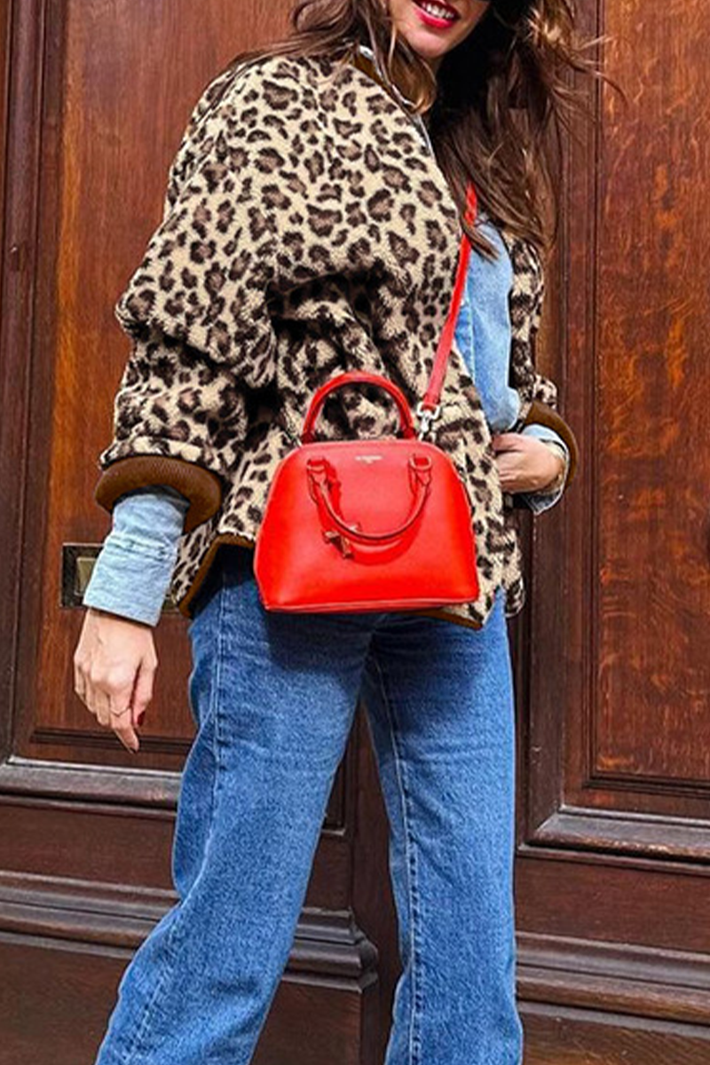 Vêtements d'extérieur décontractés à motif léopard, avec poches, boutons et empiècements, col rond.