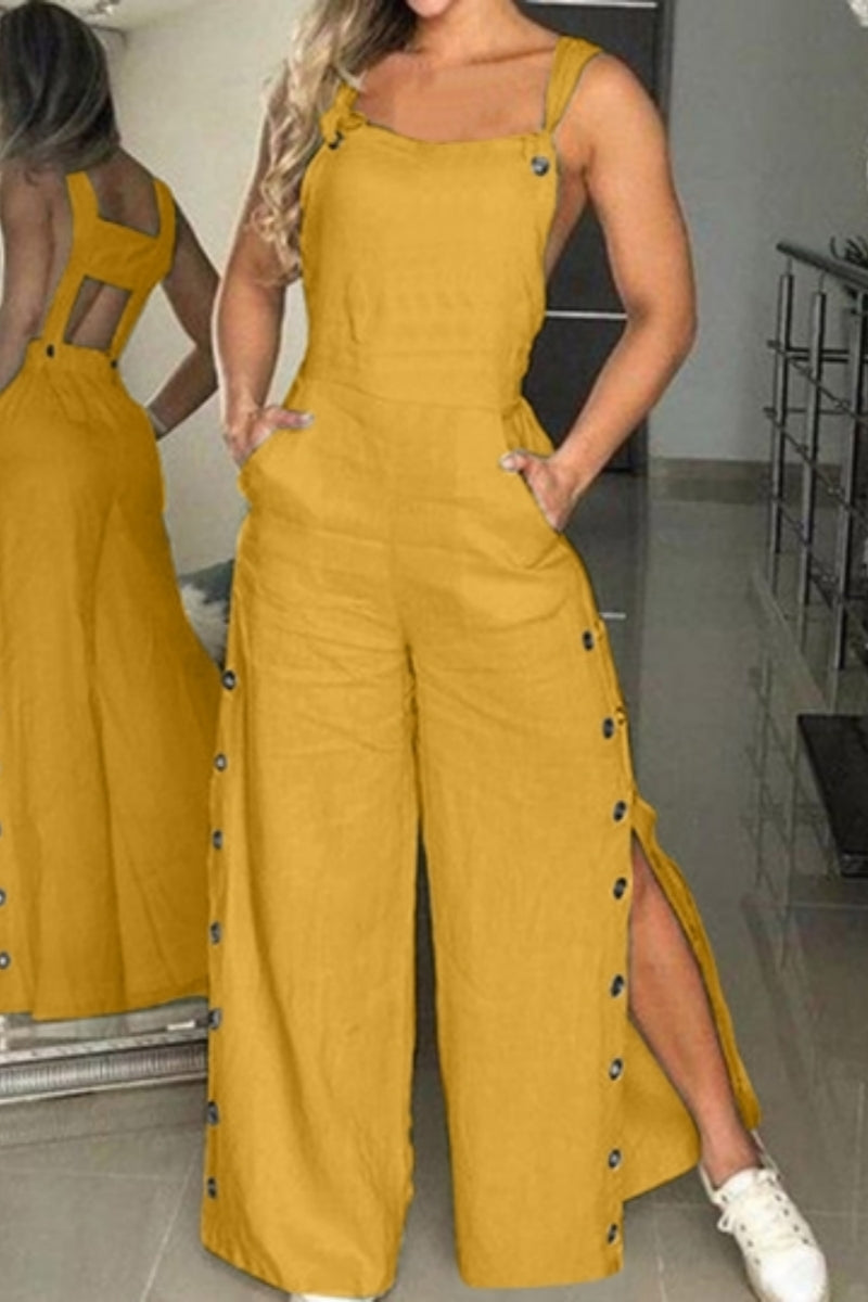 Combinaison décontractée sans dos avec bretelles spaghetti et boutons (5 couleurs)