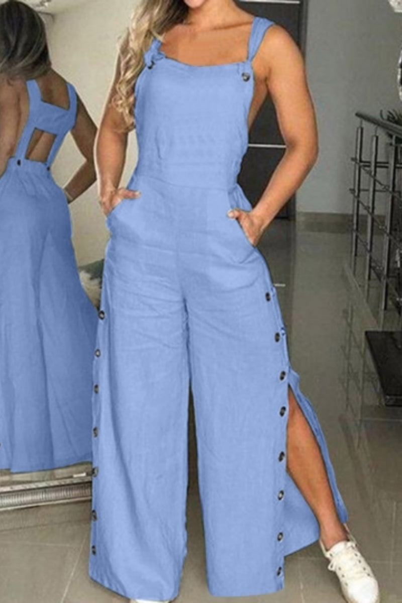 Combinaison décontractée sans dos avec bretelles spaghetti et boutons (5 couleurs)