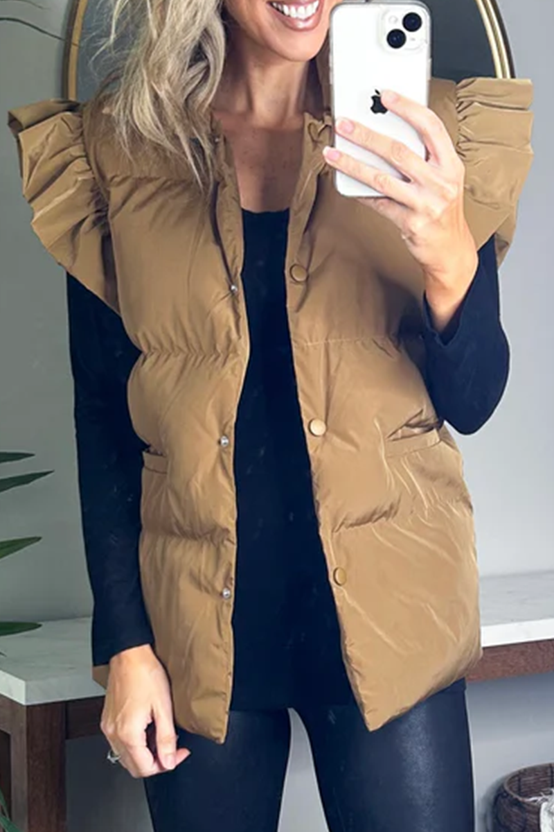 Gilets sans manches à col mandarin, boutons de poche et volants (3 couleurs)