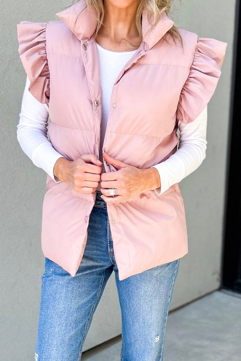 Gilets sans manches à col mandarin, boutons de poche et volants (3 couleurs)