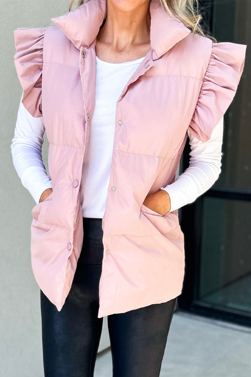 Gilets sans manches à col mandarin, boutons de poche et volants (3 couleurs)