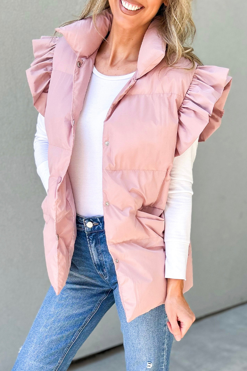 Gilets sans manches à col mandarin, boutons de poche et volants (3 couleurs)