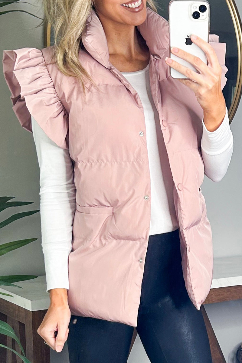 Gilets sans manches à col mandarin, boutons de poche et volants (3 couleurs)