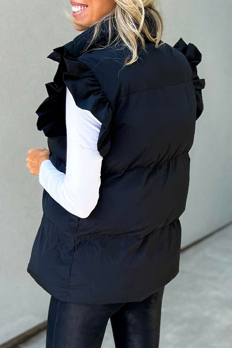 Gilets sans manches à col mandarin, boutons de poche et volants (3 couleurs)