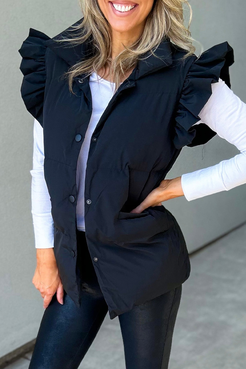 Gilets sans manches à col mandarin, boutons de poche et volants (3 couleurs)