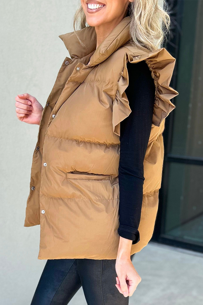 Gilets sans manches à col mandarin, boutons de poche et volants (3 couleurs)