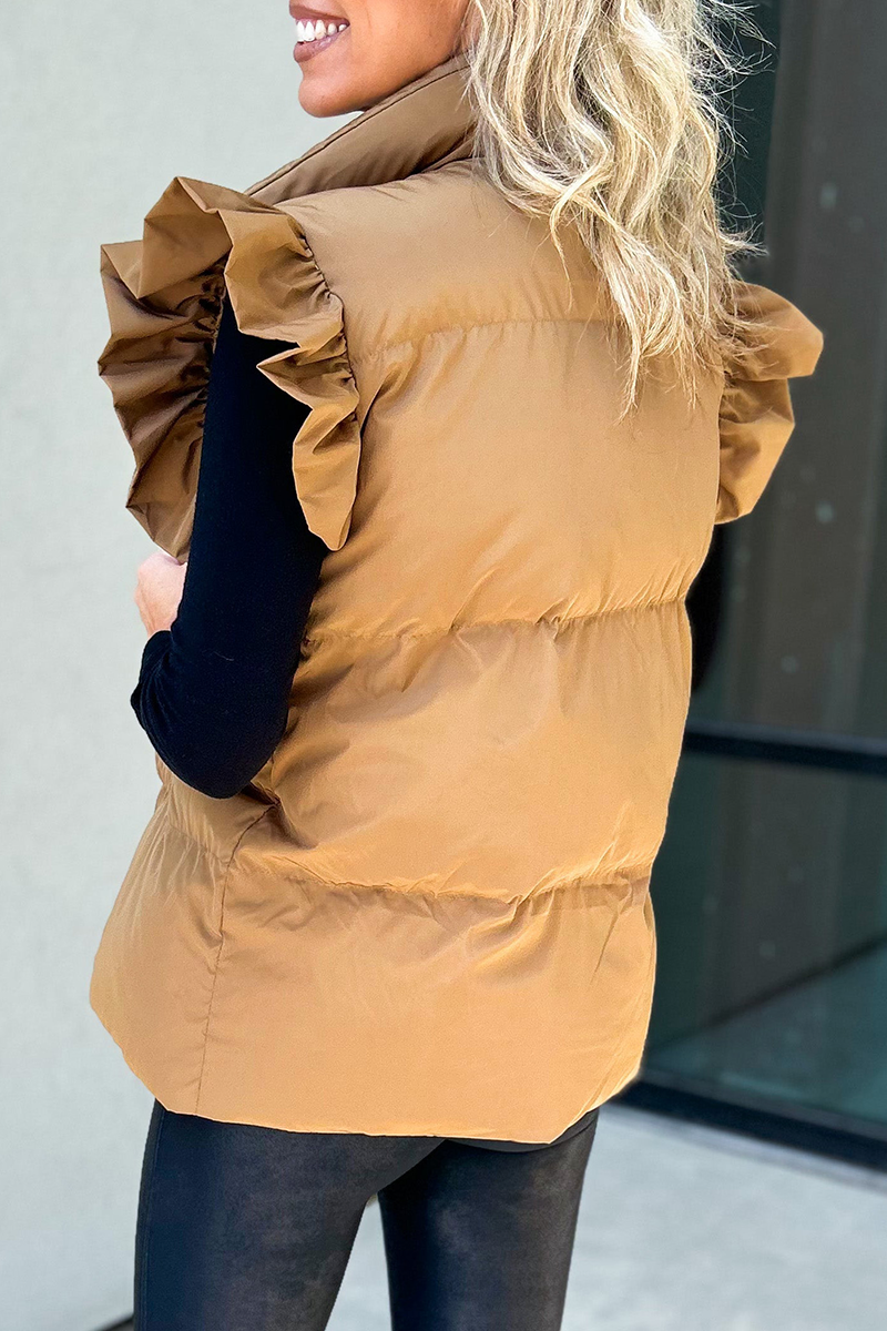 Gilets sans manches à col mandarin, boutons de poche et volants (3 couleurs)