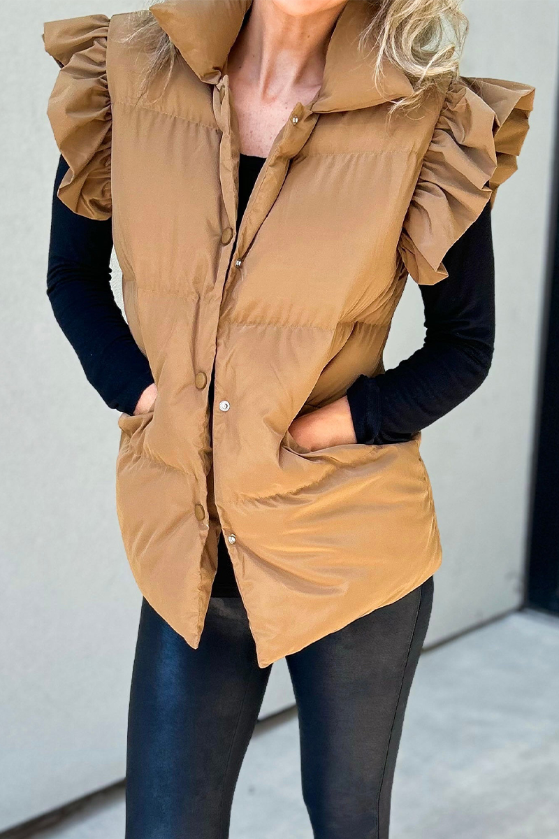 Gilets sans manches à col mandarin, boutons de poche et volants (3 couleurs)