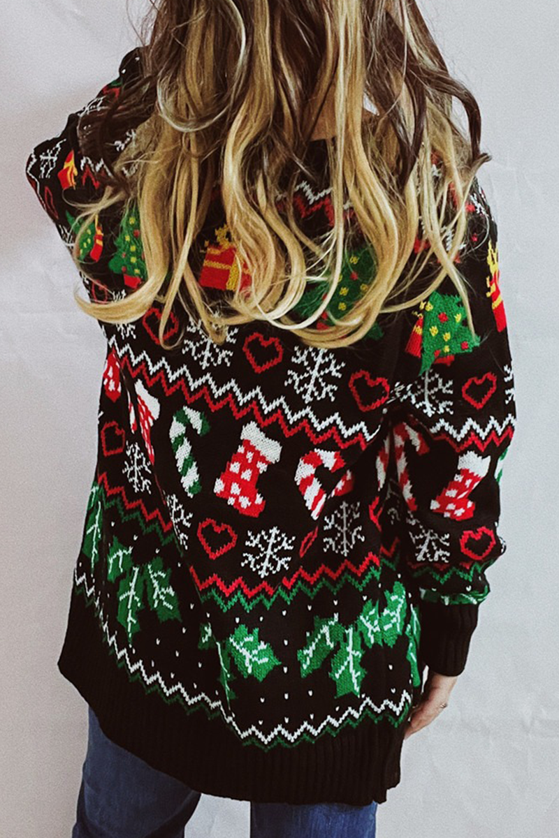 Vêtements d'extérieur décontractés à col en V, avec motifs de flocons de neige et de sapin de Noël, à boutons et en tissu contrasté.