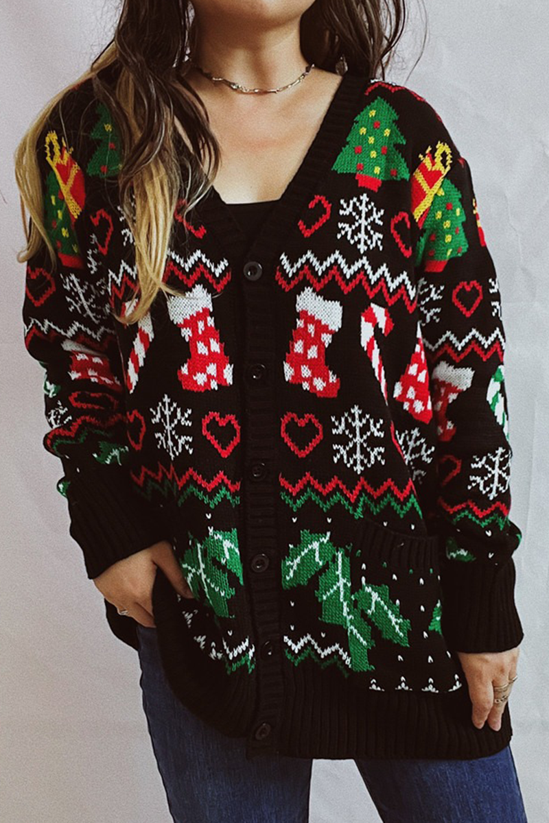 Vêtements d'extérieur décontractés à col en V, avec motifs de flocons de neige et de sapin de Noël, à boutons et en tissu contrasté.