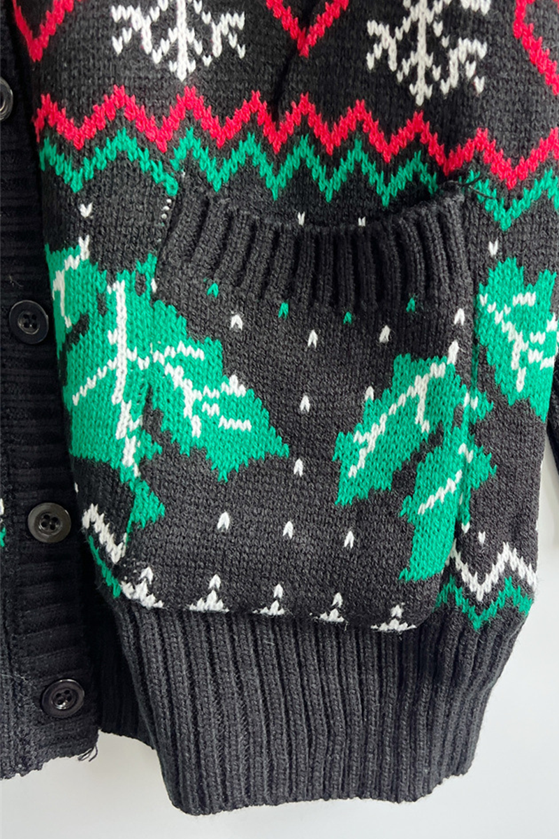 Vêtements d'extérieur décontractés à col en V, avec motifs de flocons de neige et de sapin de Noël, à boutons et en tissu contrasté.