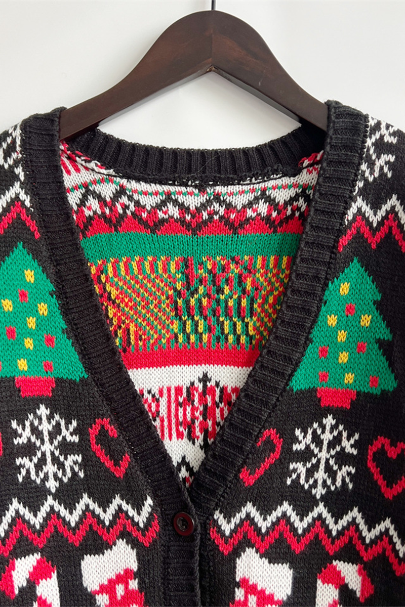 Vêtements d'extérieur décontractés à col en V, avec motifs de flocons de neige et de sapin de Noël, à boutons et en tissu contrasté.