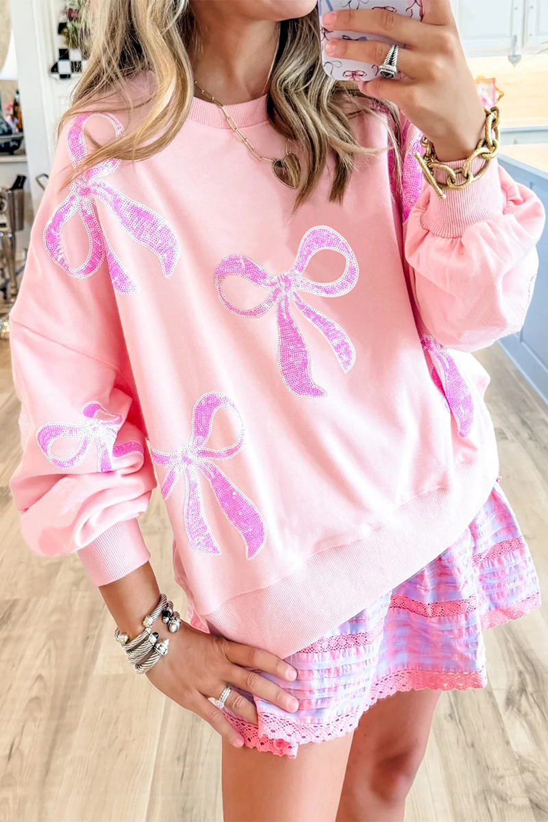 Sweats décontractés à col rond brodés de nœuds et de paillettes