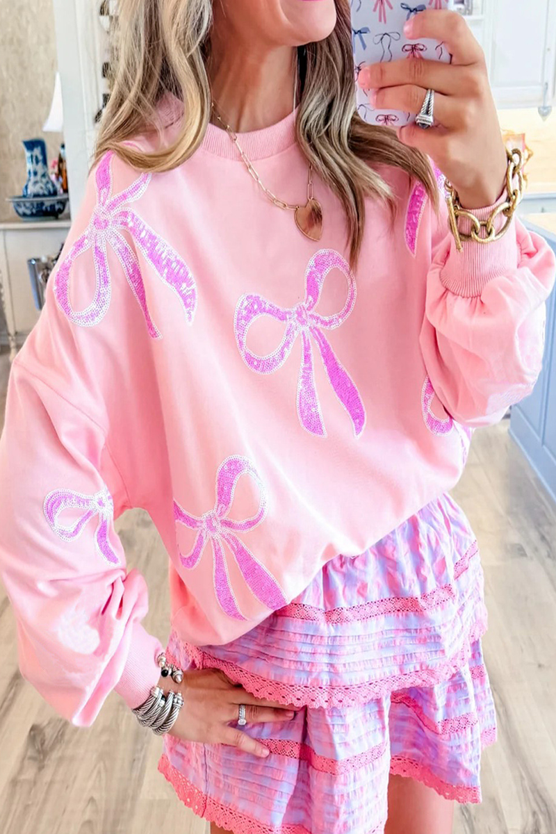 Sweats décontractés à col rond brodés de nœuds et de paillettes