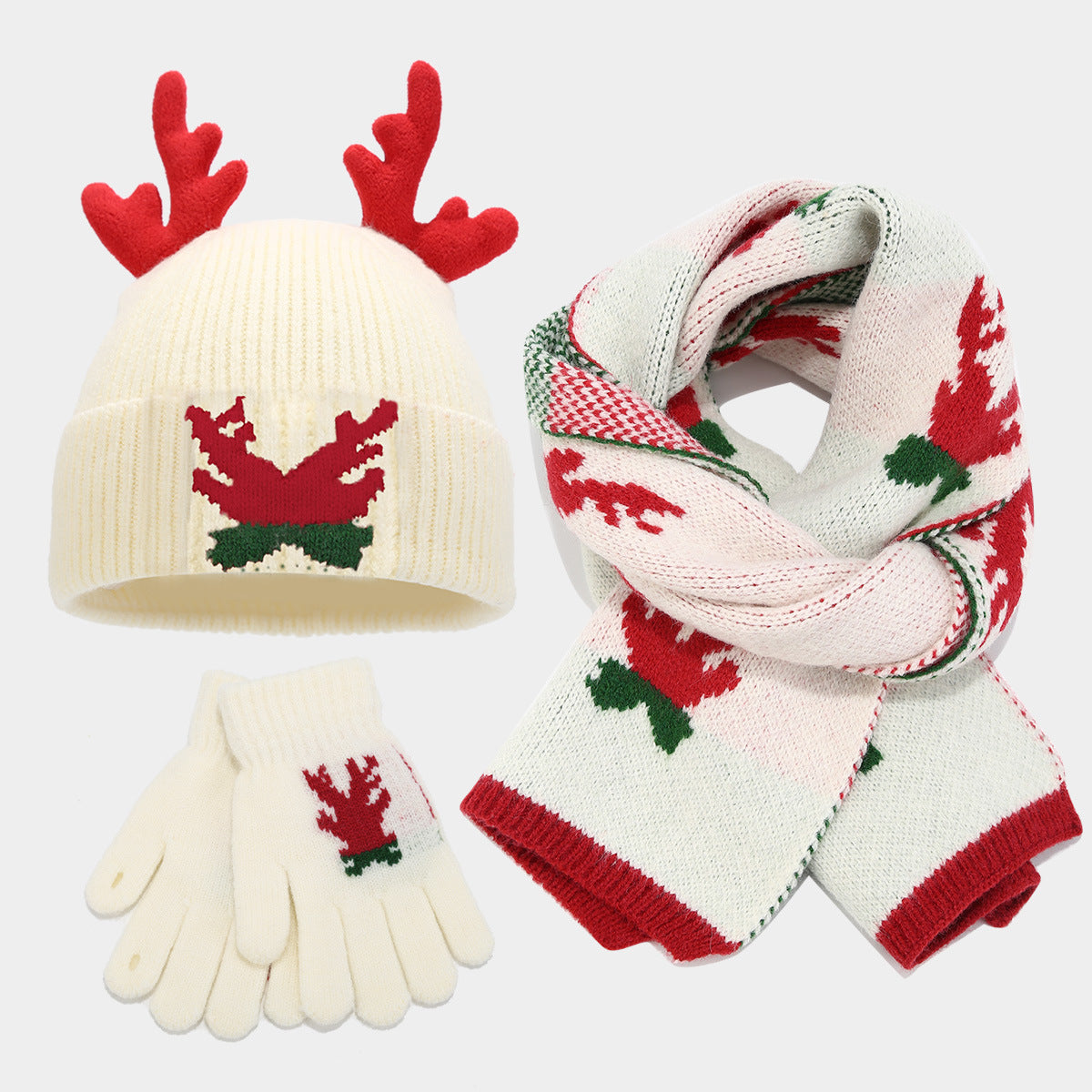 Ensemble 3 pièces : écharpe, bonnet et gants à motifs de bois de renne de Noël (3 couleurs)